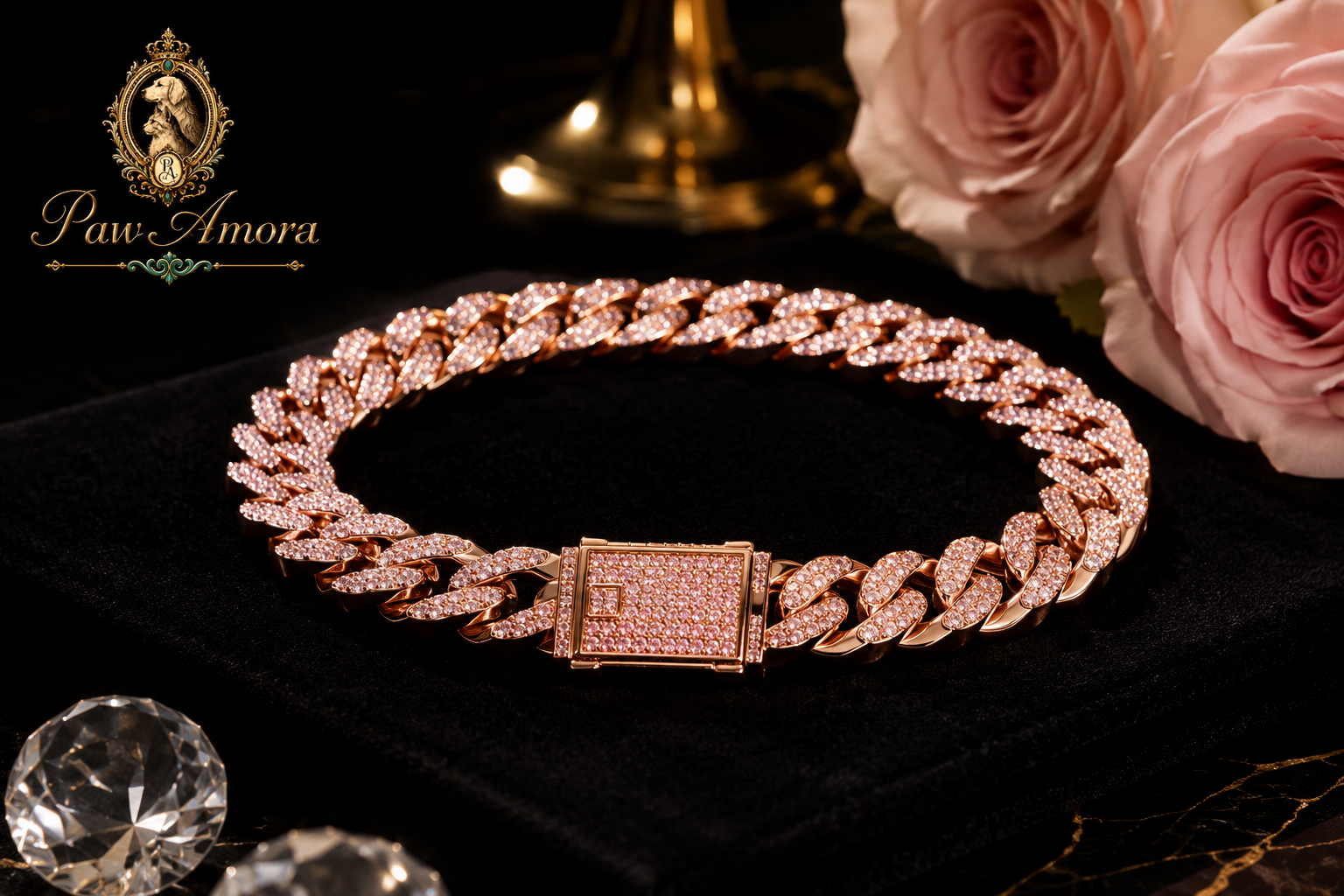 Rose gold bracelet with a clasp on a dark surface with pink roses and crystals.